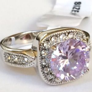 Silver Deco Amethyst Halo Cocktail Ring Size 9 10 Purple Cubic Zirconia Rodium